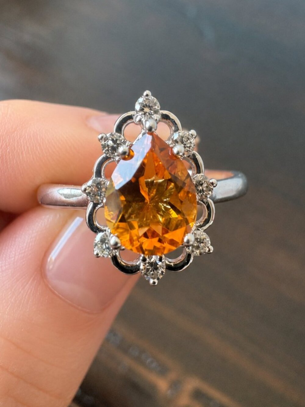 Pear Cut Citrine and Diamond Ring in 14k White Gold - Size 6